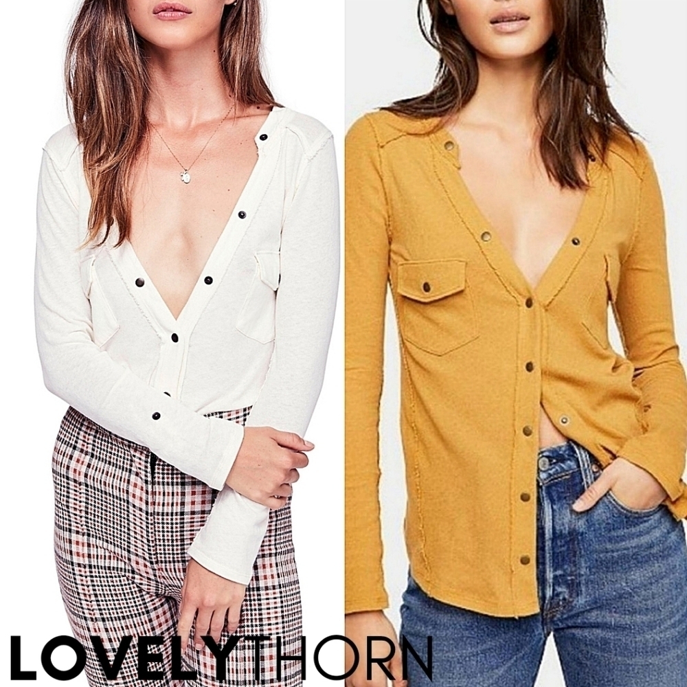 FREE PEOPLE // long sleeve plunge snap button flap pocket woven knit henley - Picture 9 of 16